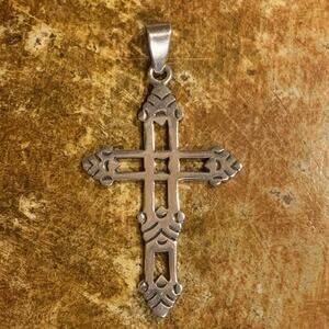 Artisan Sterling Silver Cross Pendant Vintage Cutouts Large Made in Mexico